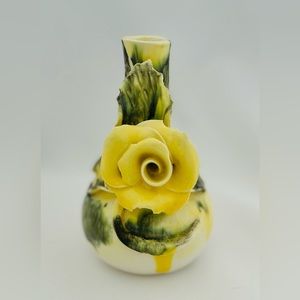 Vintage Lora Aileen Ceramic Yellow Green Rose 5.5”Tall Bud Vase USA